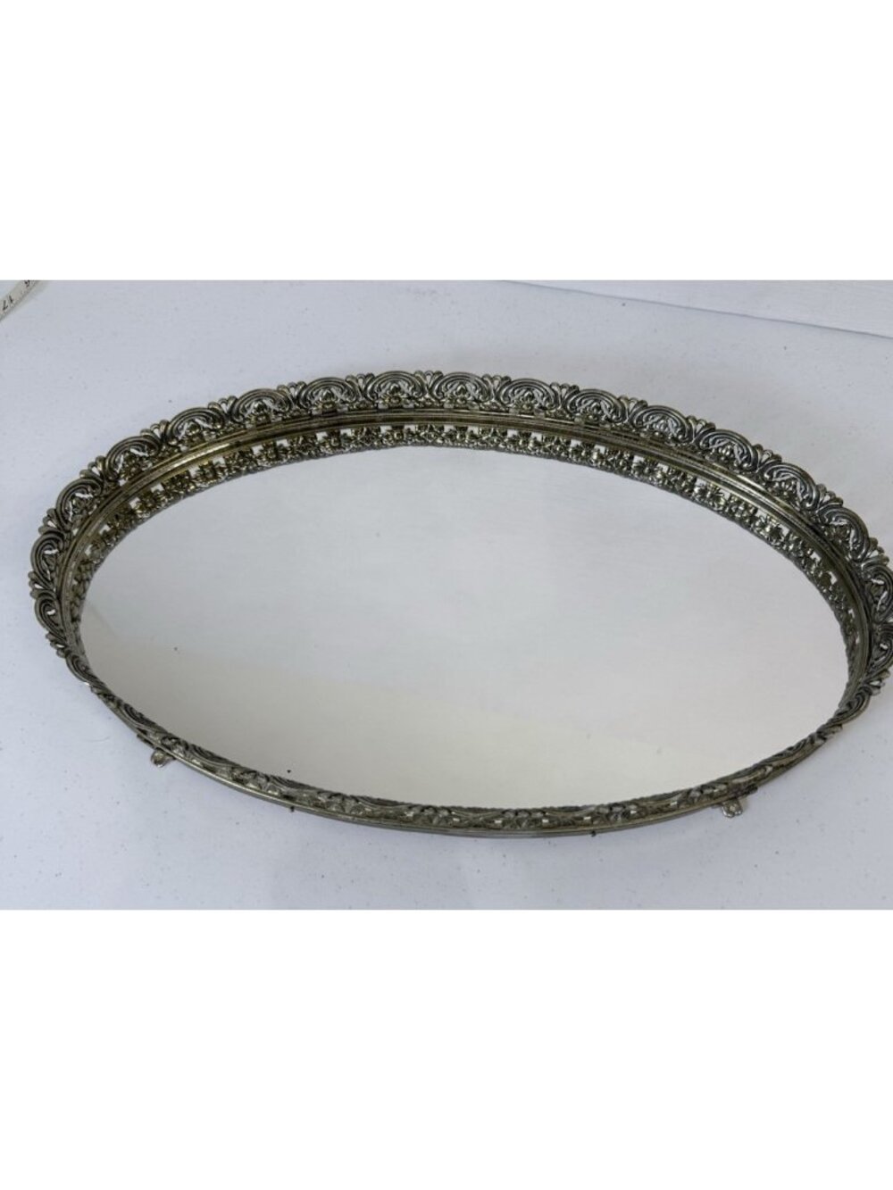 Vintage Oval Mirrored Vanity Tray 16" Silver Tone Filigree Hollywood Regency